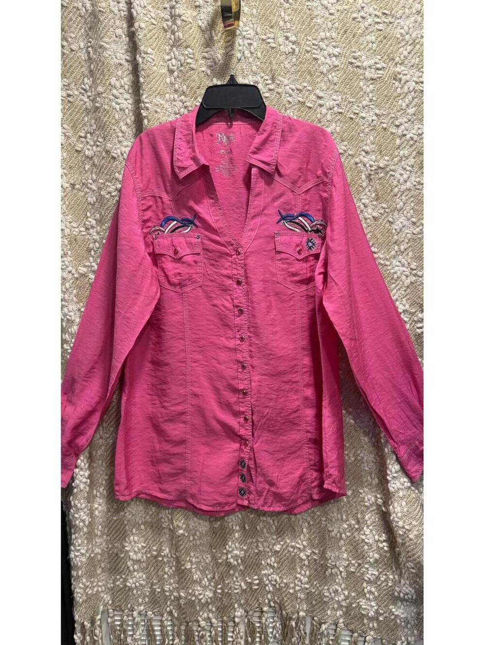 Rock 47 X Wrangler Women's Pink Floral Embroidered Snap-Front Western Shirt  XL